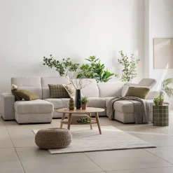 Canapé panoramique convertible avec méridienne gauche en tissu doux - beige