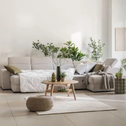 Canapé panoramique convertible avec méridienne gauche en tissu doux - beige