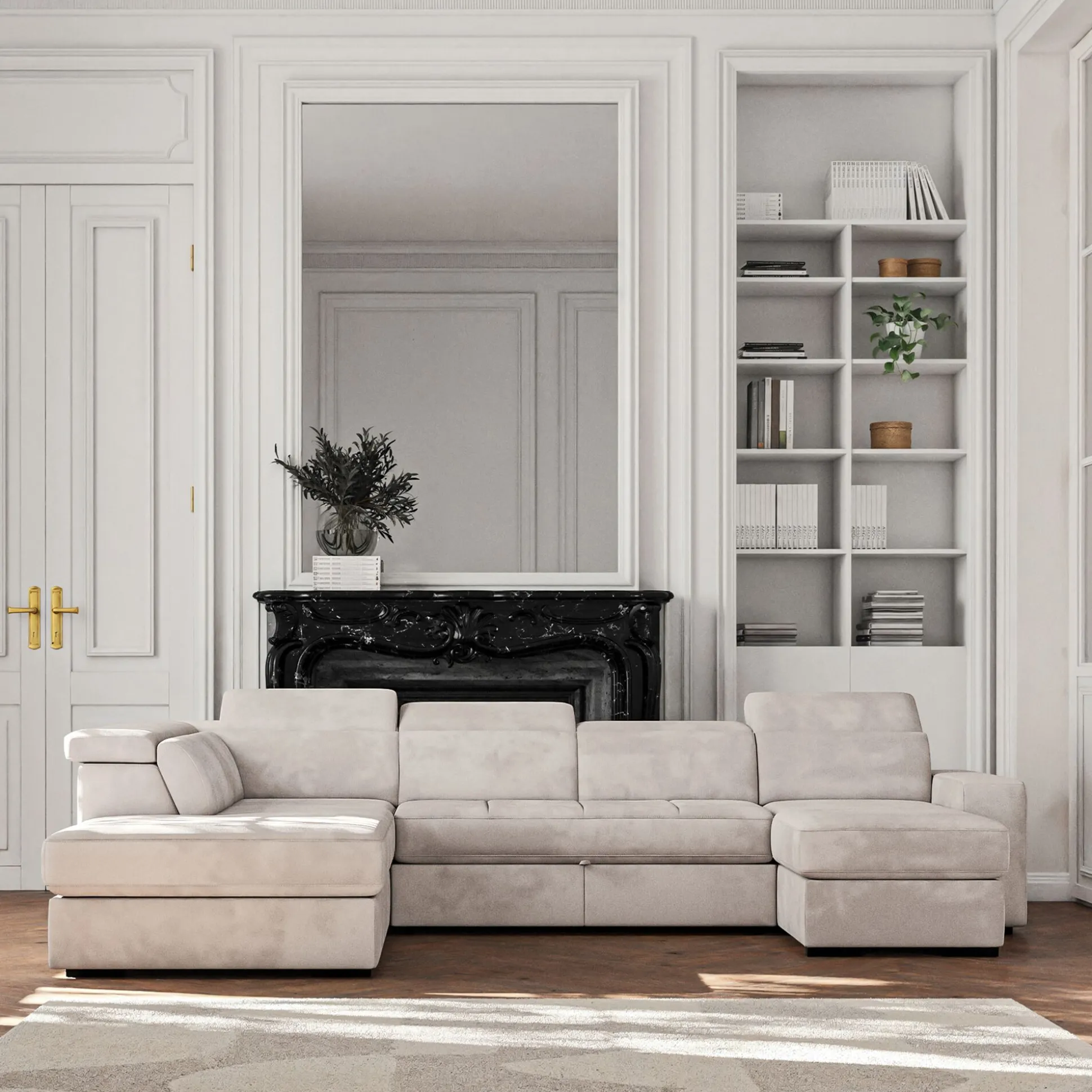 Canapé panoramique convertible avec méridienne droite en tissu doux - beige