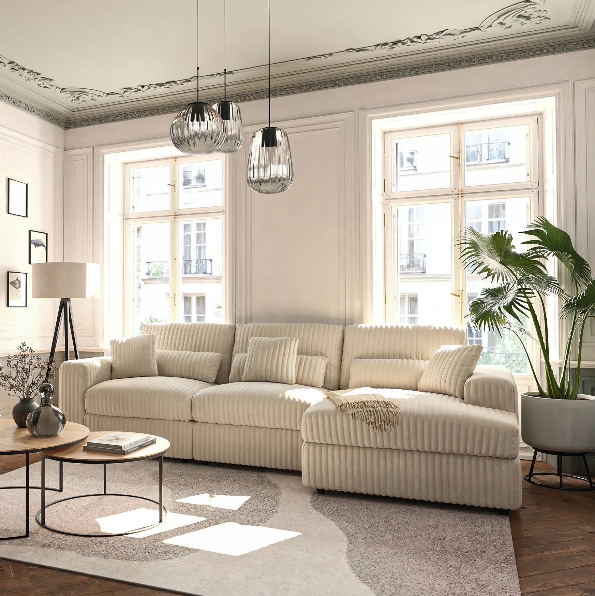 Canapé petit angle droit fixe en tissu côtelé bita - blanc ventoux