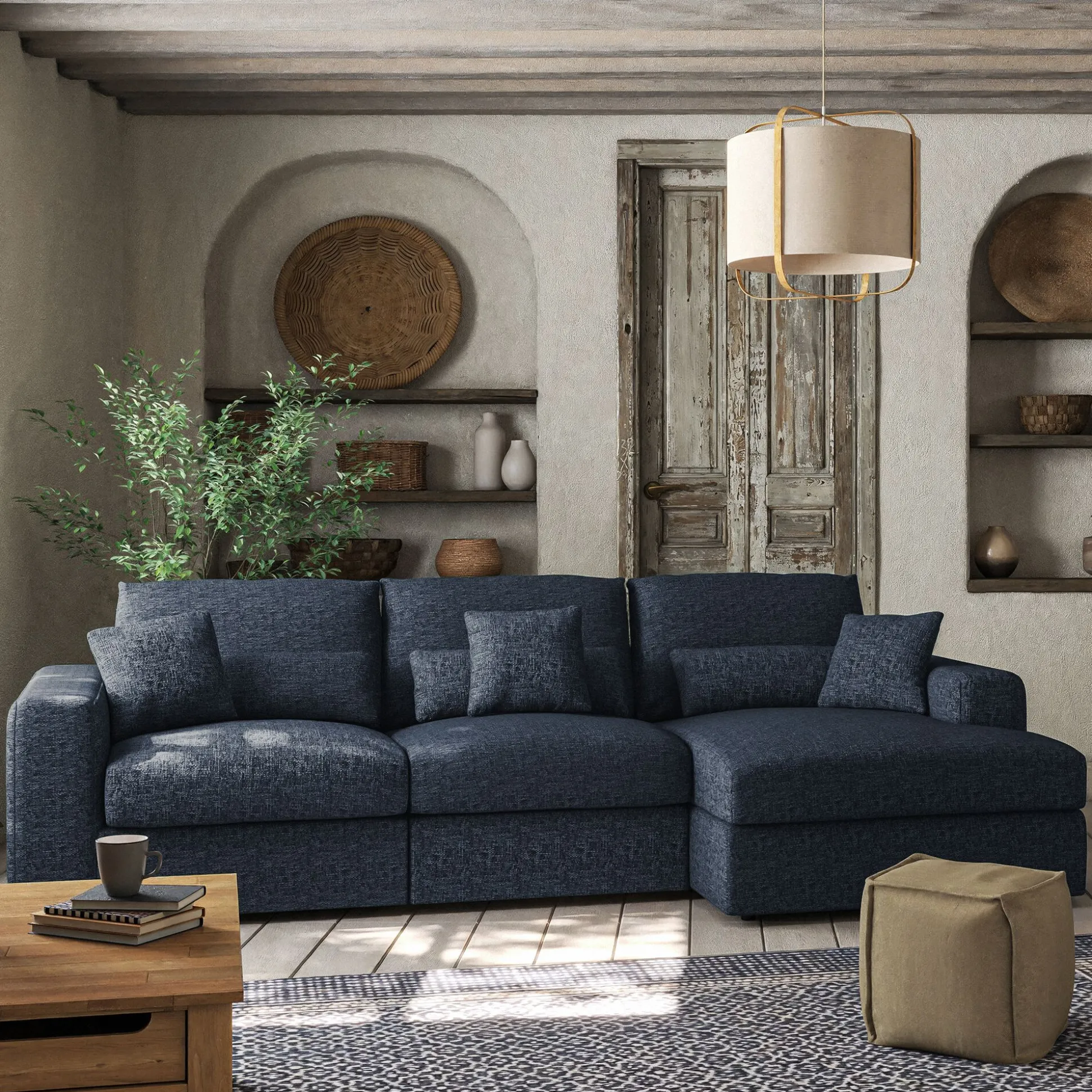 Canapé petit angle droit fixe en tissu chenille benjo - bleu marine