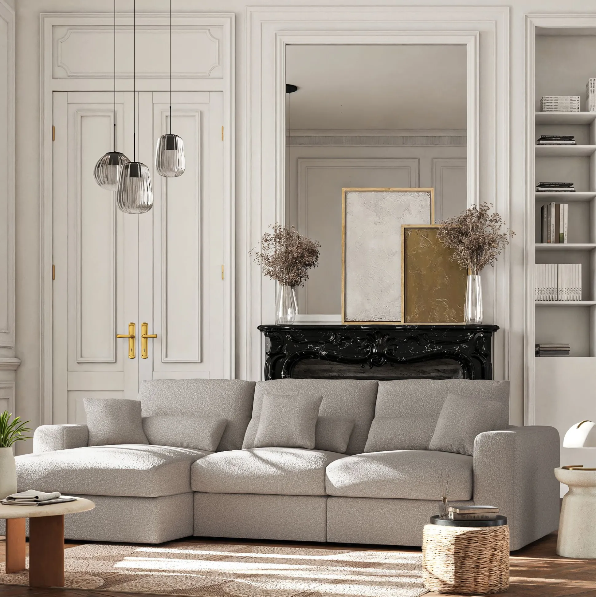 Canapé petit angle gauche fixe en tissu bouclette - blanc écru