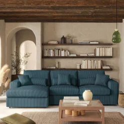 Canapé petit angle gauche fixe en velours côtelé - bleu