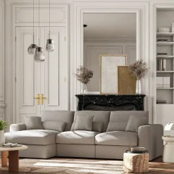 Canapé petit angle gauche fixe en tissu bouclette - gris clair