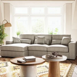 Canapé petit angle gauche fixe en tissu chenille benjo - beige roucas