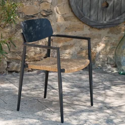 Chaise de jardin empilable avec accoudoirs en aluminium et résine tressée - gris anthracite