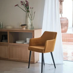 Chaise en tissu effet velours avec accoudoirs - jaune argan