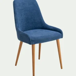 Chaise en tissu effet velours et piètement naturel - bleu