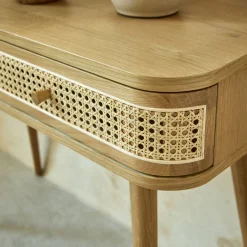 Coiffeuse 2 tiroirs en chêne et rotin - bois clair