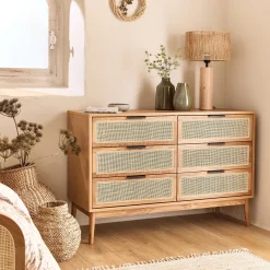 Commode 6 tiroirs en bois et cannage - bois clair