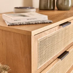 Commode 6 tiroirs en bois et cannage - bois clair