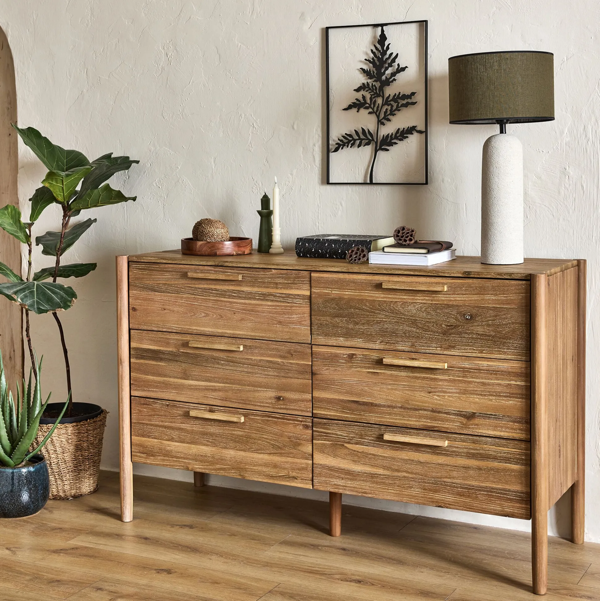 Commode 6 tiroirs en bois d'acacia massif - bois clair