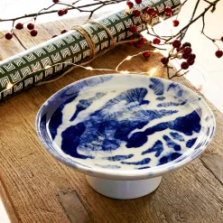 Coupe décorative sur pied en grès D16,5cm - bleu