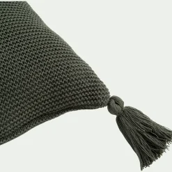 Coussin à pompons tricoté en coton 35x50cm - vert cèdre