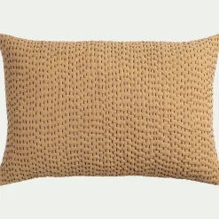 Coussin avec surpiqûres Kantha en lin et coton 40x60cm - beige sable