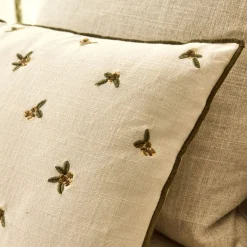 Coussin broderie florale en coton 30x50cm - naturel