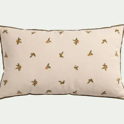 Coussin broderie florale en coton 30x50cm - naturel