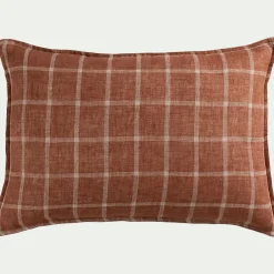 Coussin en lin lavé à carreaux 40x60cm - brun écorce