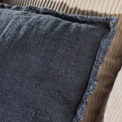 Coussin frangé en lin 50x70cm - bleu