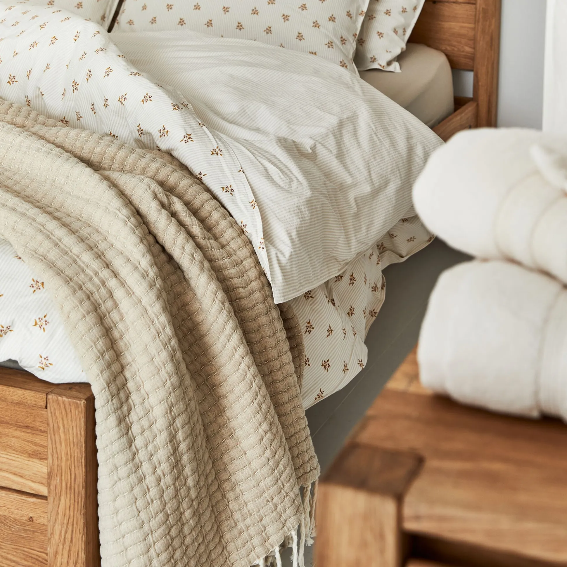 Couvre-lit en coton frangé 230x250cm - beige