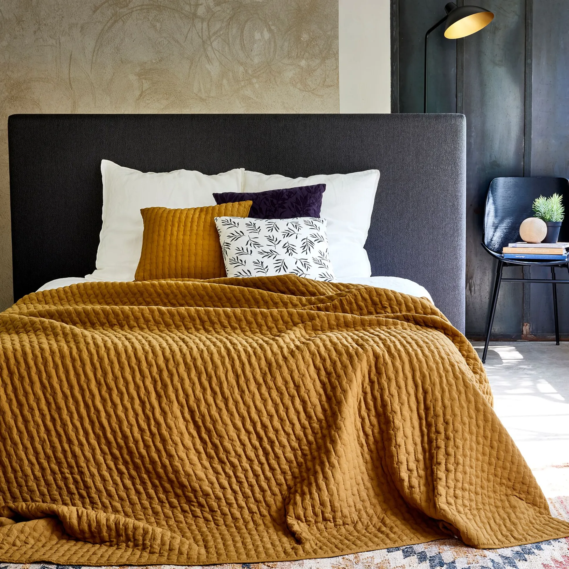 Couvre-lit en tissu surpiqué 230x250cm - jaune alep