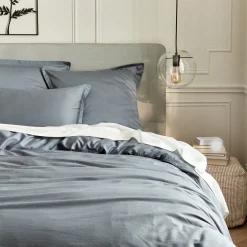 Drap housse en satin lavé 140x200cm B30cm - bleu orage