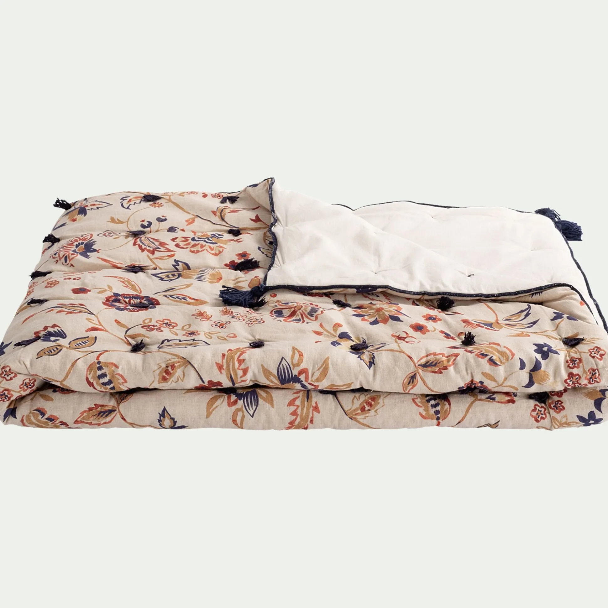 Édredon à motif fleuri en lin et coton 100x180cm piquage pompons double faces - beige