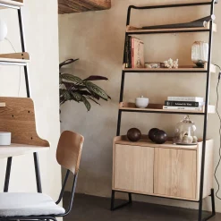 Etagère 3 tablettes et caisson plaquée frêne et métal noir - L80cm