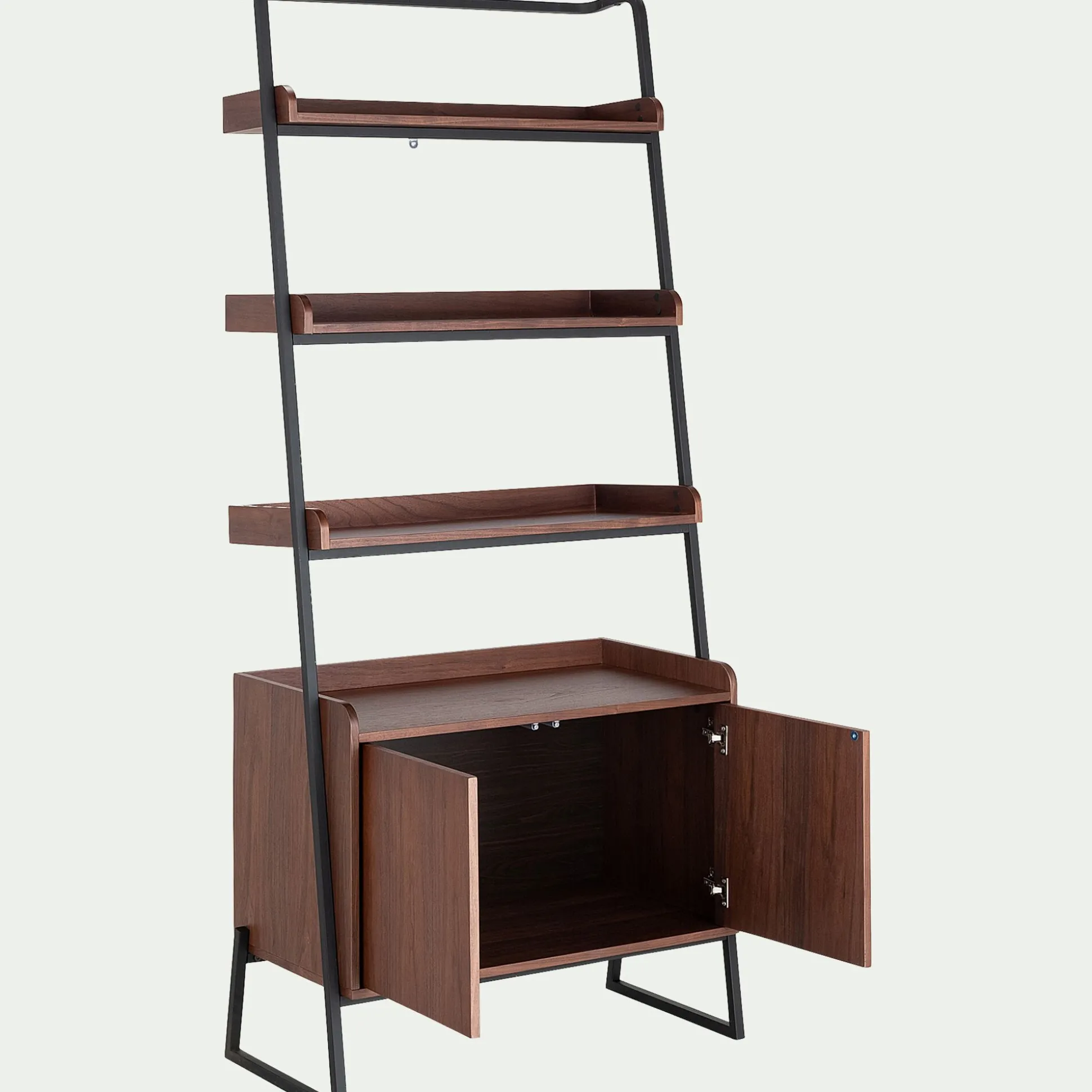 Etagère 3 tablettes et caisson plaquée noyer et métal noir L80cm