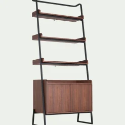 Etagère 3 tablettes et caisson plaquée noyer et métal noir L80cm