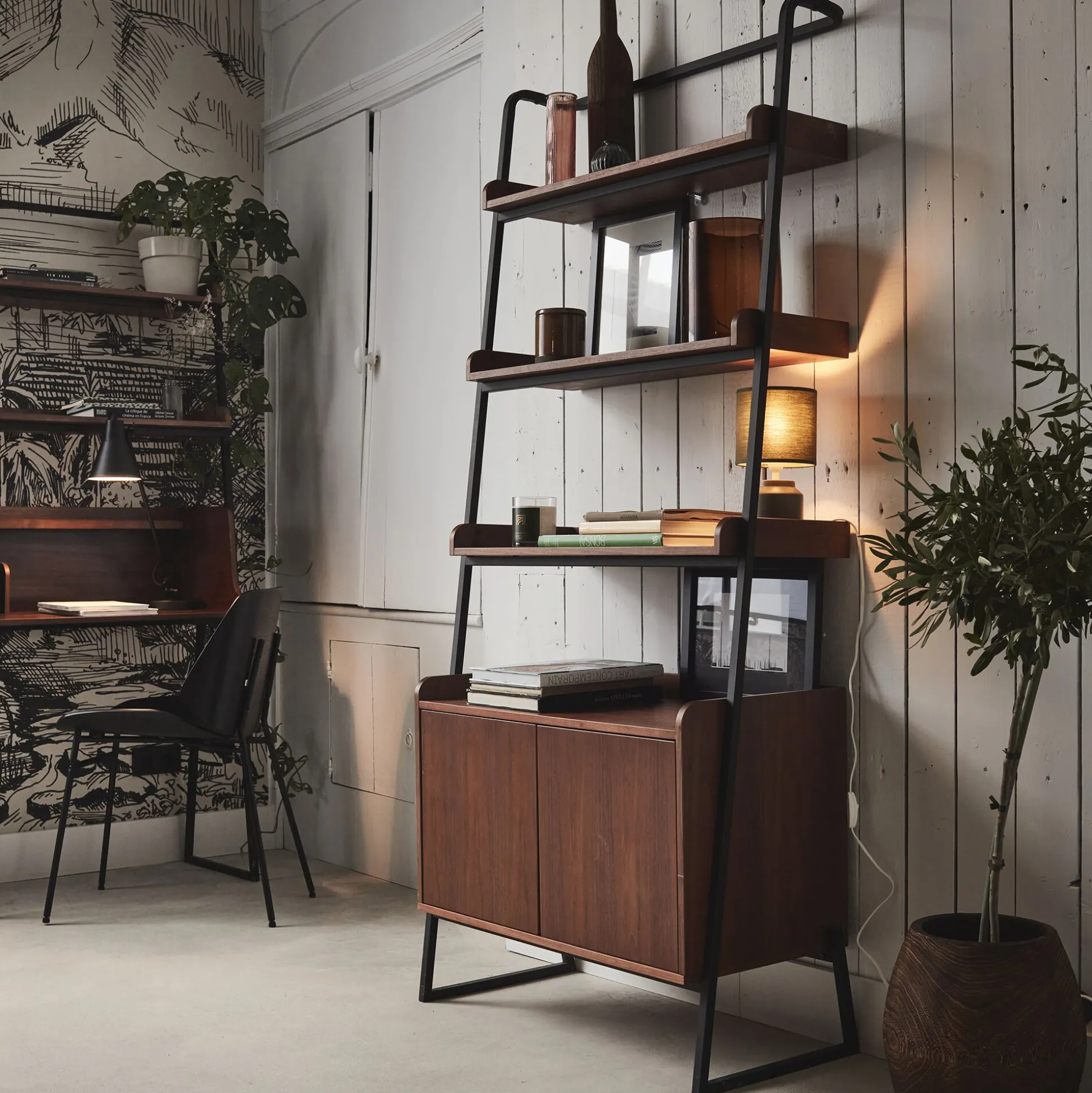 Etagère 3 tablettes et caisson plaquée noyer et métal noir L80cm