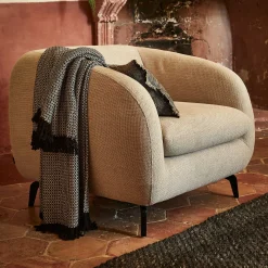 Fauteuil en tissu tramé piétement noir - beige roucas