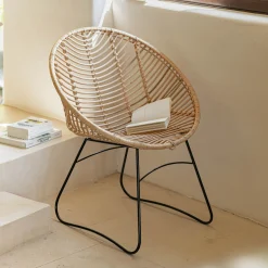 Fauteuil rond en rotin et métal - naturel