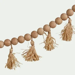 Guirlande perles de bois et pompons en raphia - naturel L155cm