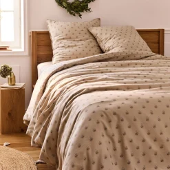 Housse de couette 240x220cm et 2 taies d'oreiller 63x63cm motif floral en coton cretonne - beige