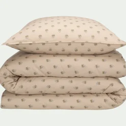 Housse de couette 240x220cm et 2 taies d'oreiller 63x63cm motif floral en coton cretonne - beige
