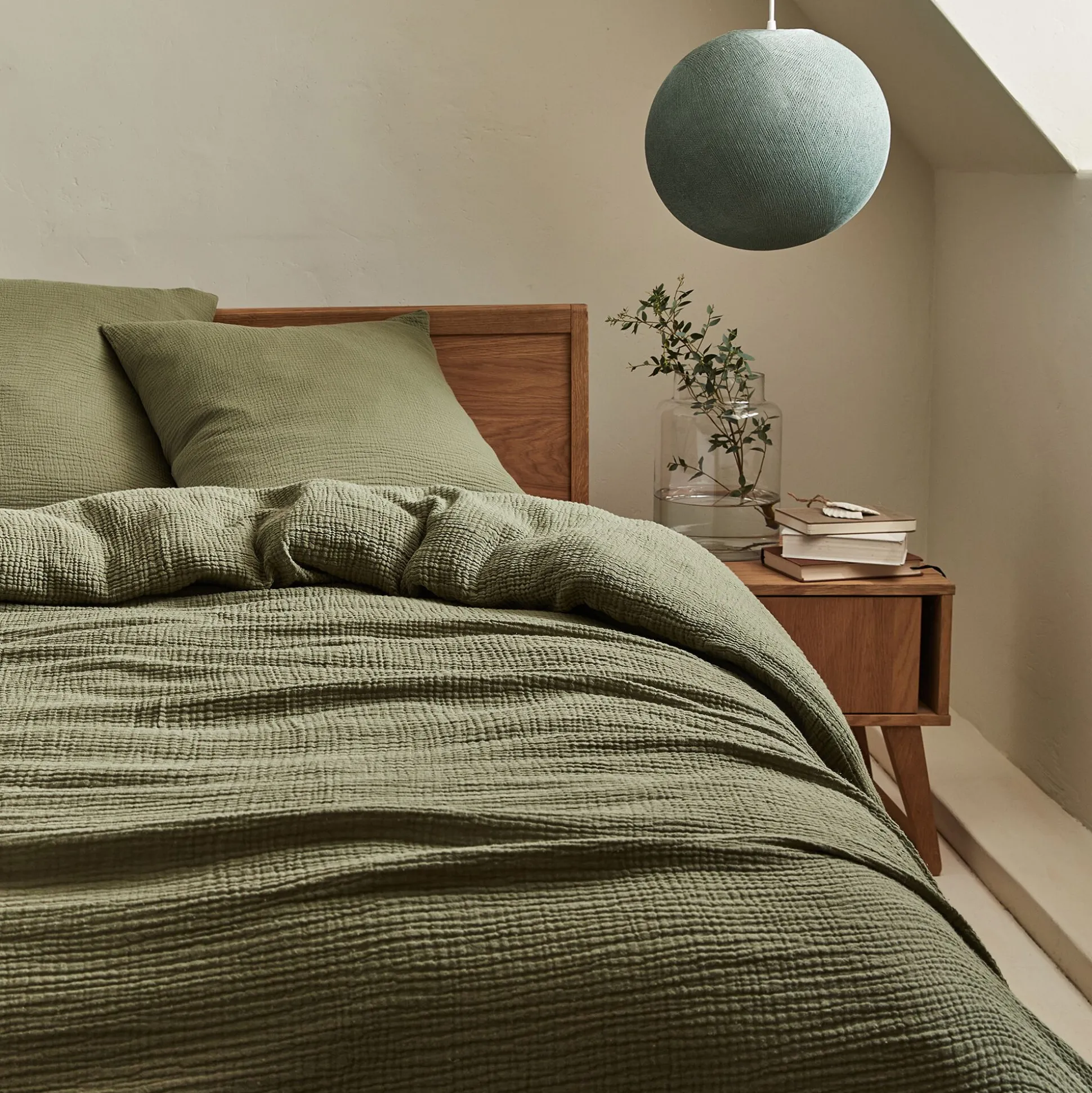 Housse de couette 260x240cm et 2 taies d'oreiller 63x63cm en double gaze de coton - vert sauge