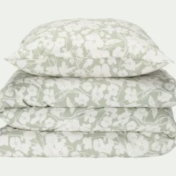 Housse de couette 240x220cm et 2 taies d'oreiller 63x63cm en coton motif floral - vert