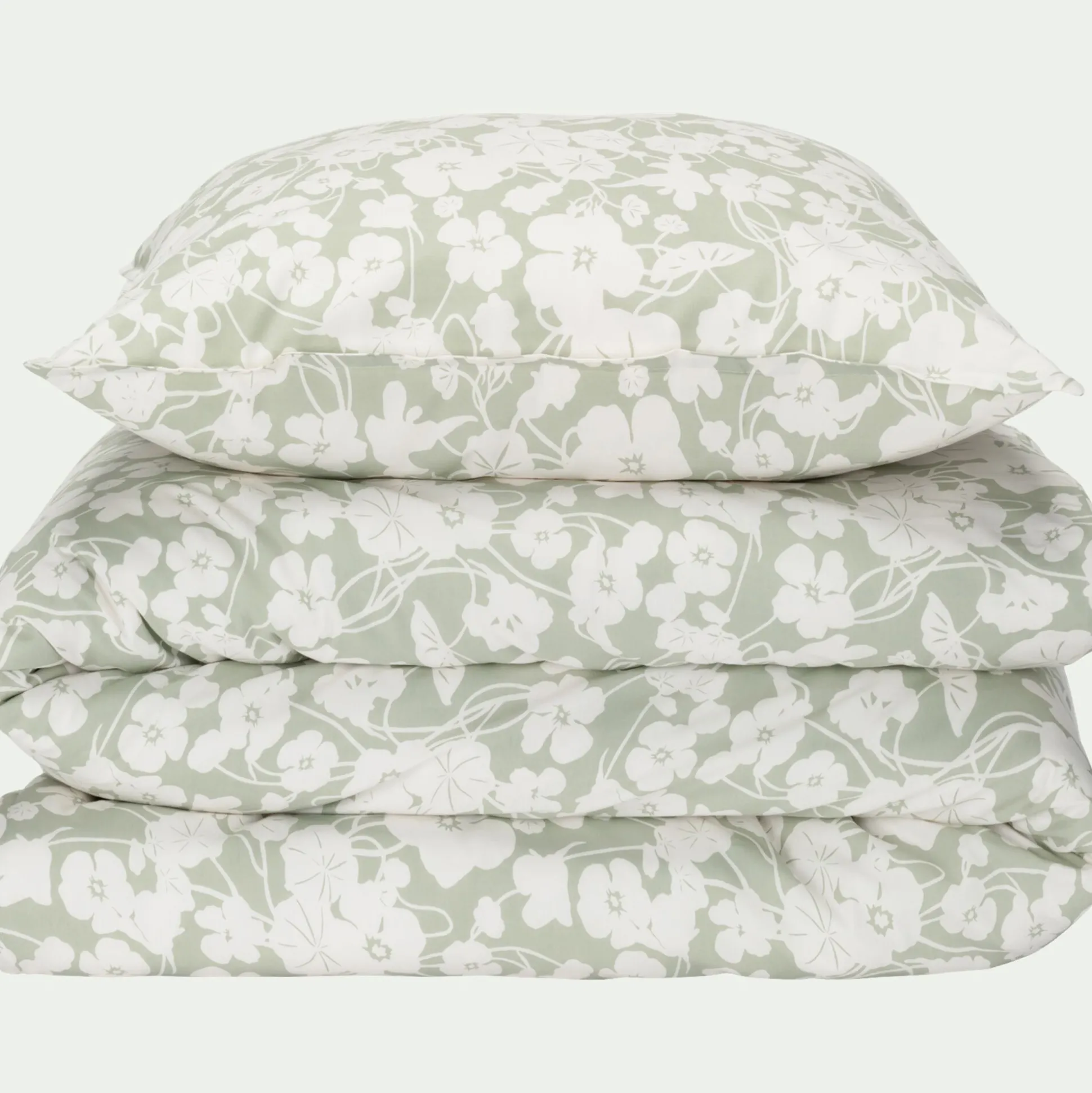 Housse de couette 240x220cm et 2 taies d'oreiller 63x63cm en coton motif floral - vert