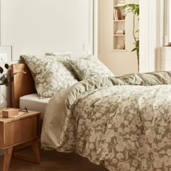 Housse de couette 240x220cm et 2 taies d'oreiller 63x63cm en coton motif floral - vert