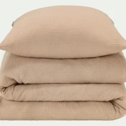 Housse de couette 260x240cm et 2 taies d'oreiller 63x63cm en double gaze de coton - beige alpilles