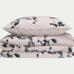 Housse de couette 240x220cm et 2 taies d'oreiller 63x63cm en coton lavé à motif floral - blanc