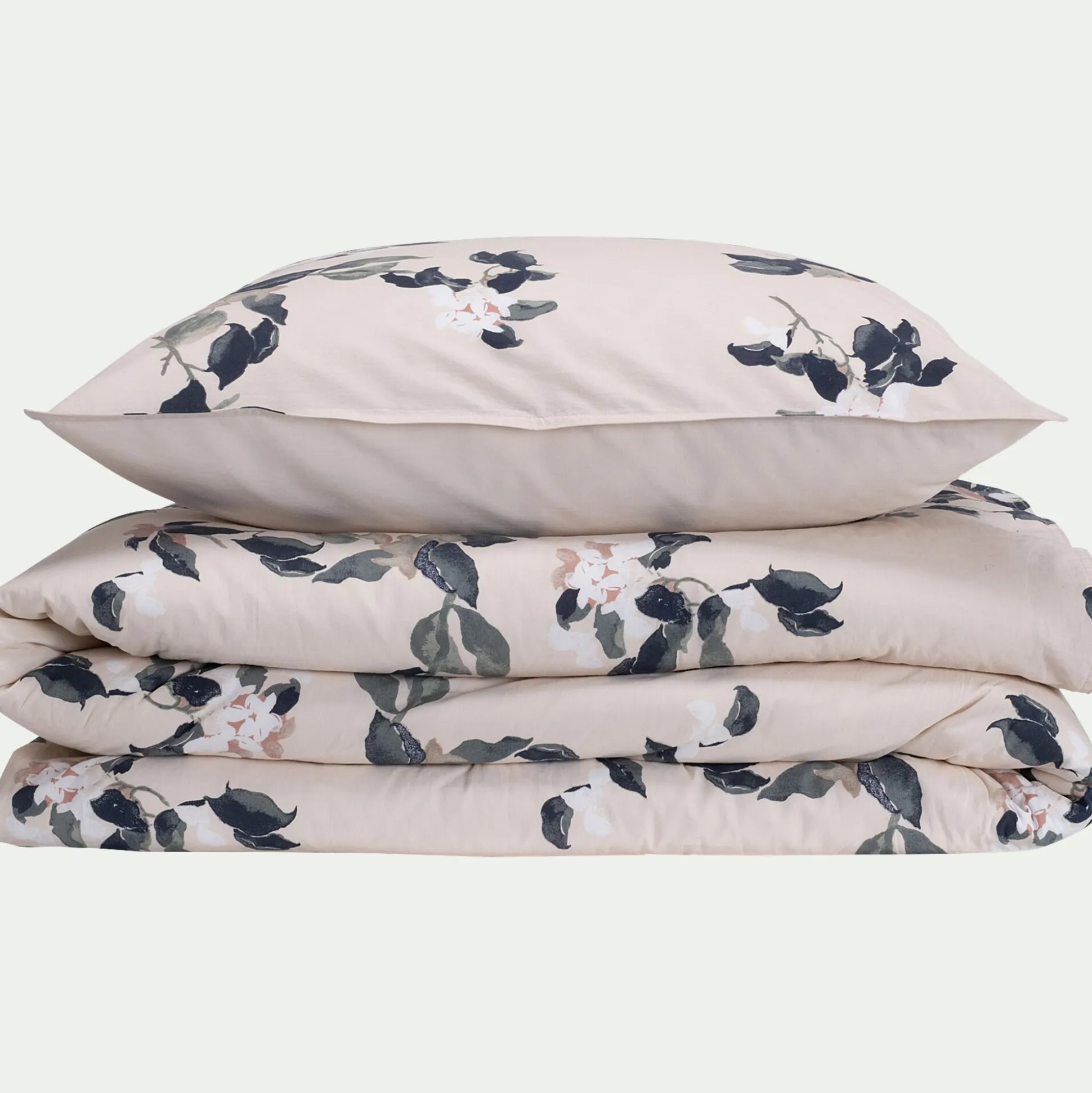 Housse de couette 240x220cm et 2 taies d'oreiller 63x63cm en coton lavé à motif floral - blanc