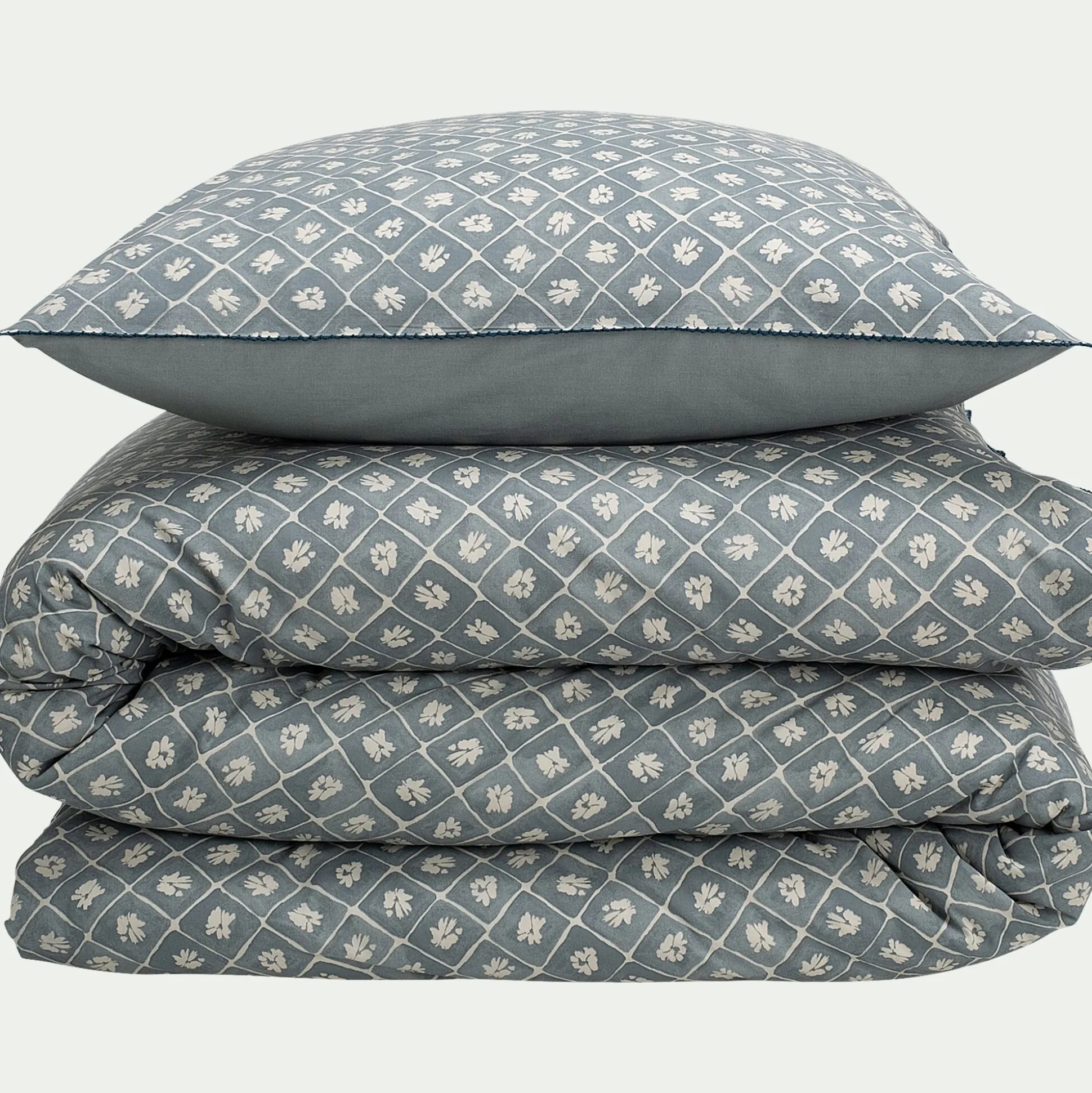 Housse de couette 240x220cm et 2 taies d'oreiller 63x63cm en coton lavé - bleu