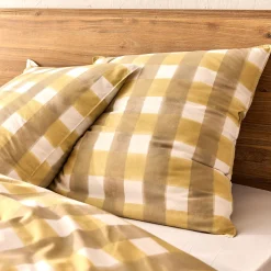 Housse de couette 240x220cm et 2 taies d'oreiller 63x63cm en coton lavé à motif carreaux - marron