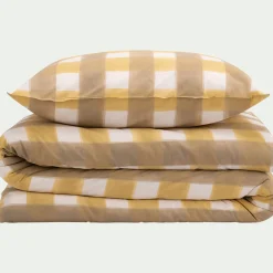 Housse de couette 240x220cm et 2 taies d'oreiller 63x63cm en coton lavé à motif carreaux - marron