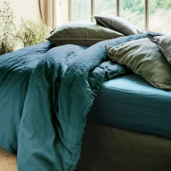 Linge de lit uni en lin lavé - bleu figuerolles