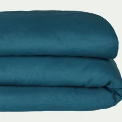 Linge de lit uni en lin lavé - bleu figuerolles