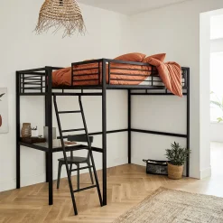 Lit mezzanine 2 places en acier avec bureau en verre - noir 140x200cm