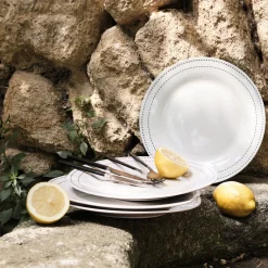 Lot de 4 assiettes plates en porcelaine avec liseré noir D27cm - blanc